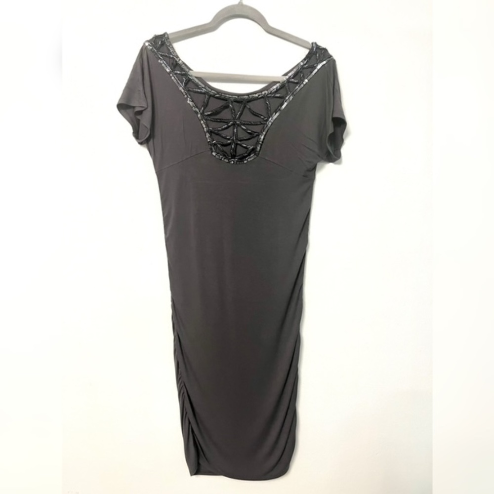 NWT CRYSTAL EMBELLISHED STRETCH KNIT GREY DRESS